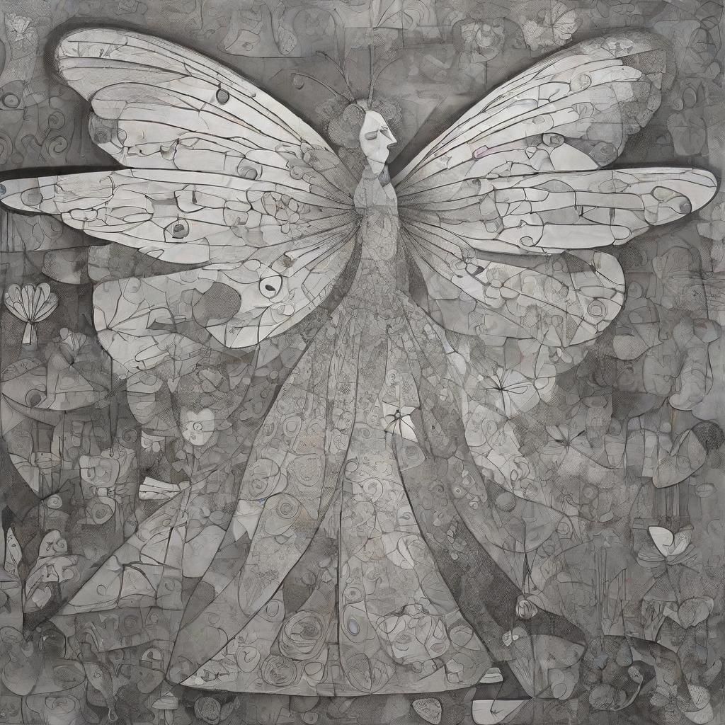 Butterfly Angel in Surreal Dreamscape, Grayscale Art