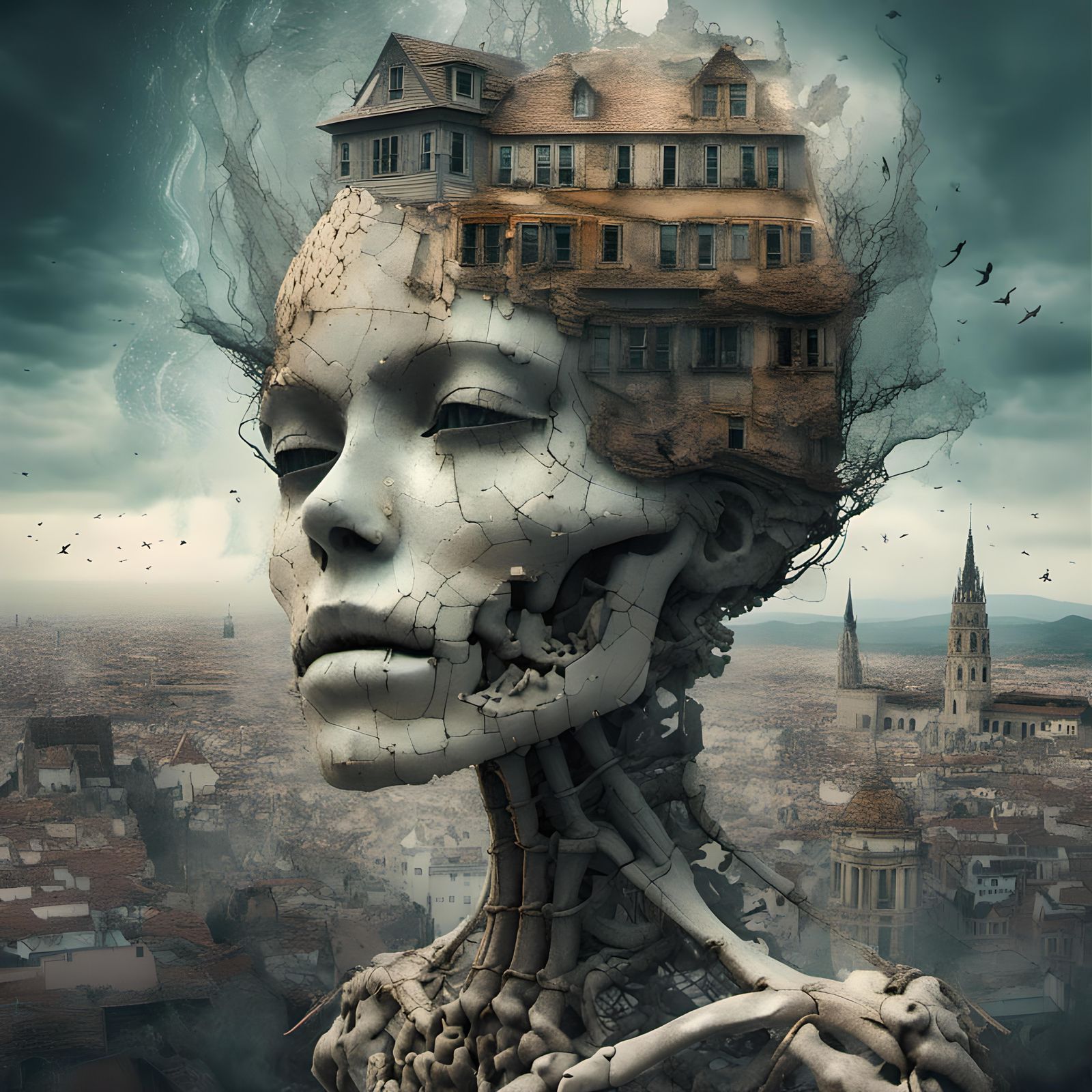 Surreal Double Exposure Portrait in Folk Draw Style