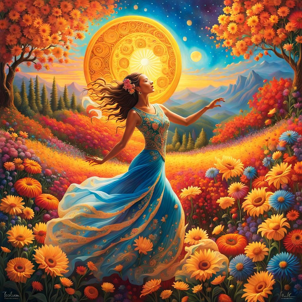 Surreal Woman Dancing Among Sun and Moon Flowers