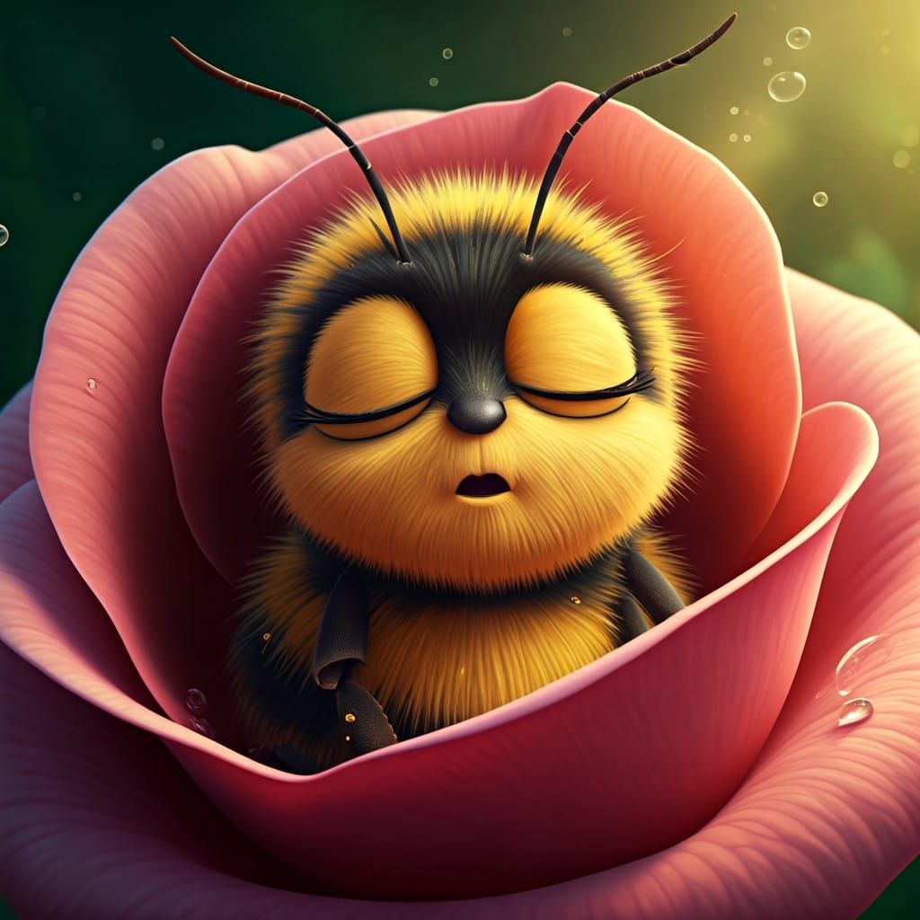 Sleepy Bumblebee Snuggled Under Rose Petal: Pixar Style