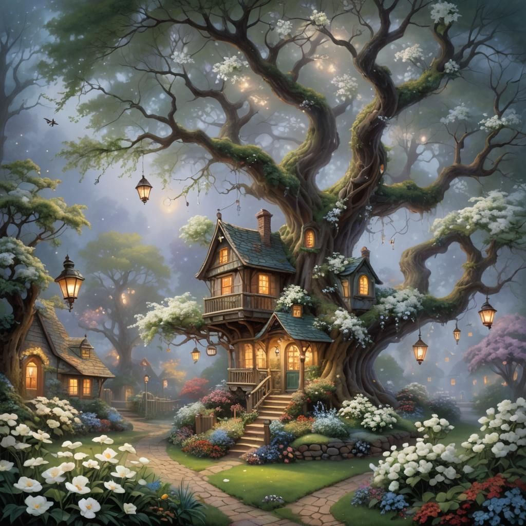 Ethereal Treehouse Fantasy in Hyperdetailed Mist