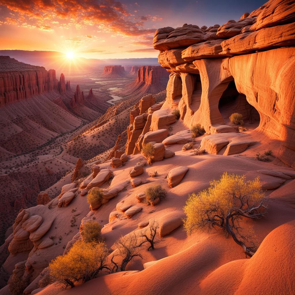 Majestic Canyon Sunrise with Ancient Cliff Dwellings
