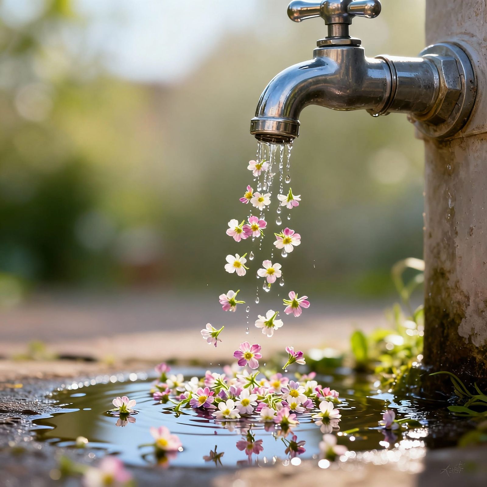Faucet Drips Spring Flowers Onto Puddle