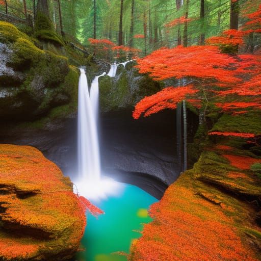 Vibrant Waterfall Forest Scene in Digital Painting Style