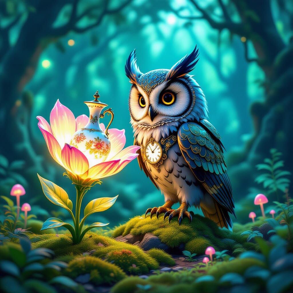 Whimsical Clockwork Owl with Alien Flower in Bioluminescent ...