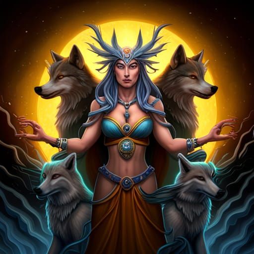 Mystical Three-Faced Woman with Wolves, Dark Fantasy Art