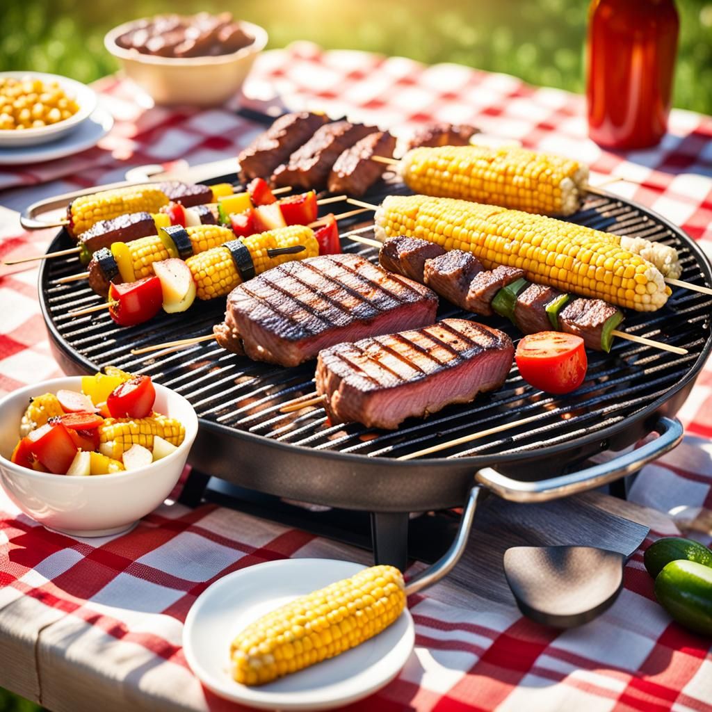 Summer BBQ Scene with Steaks and Corn