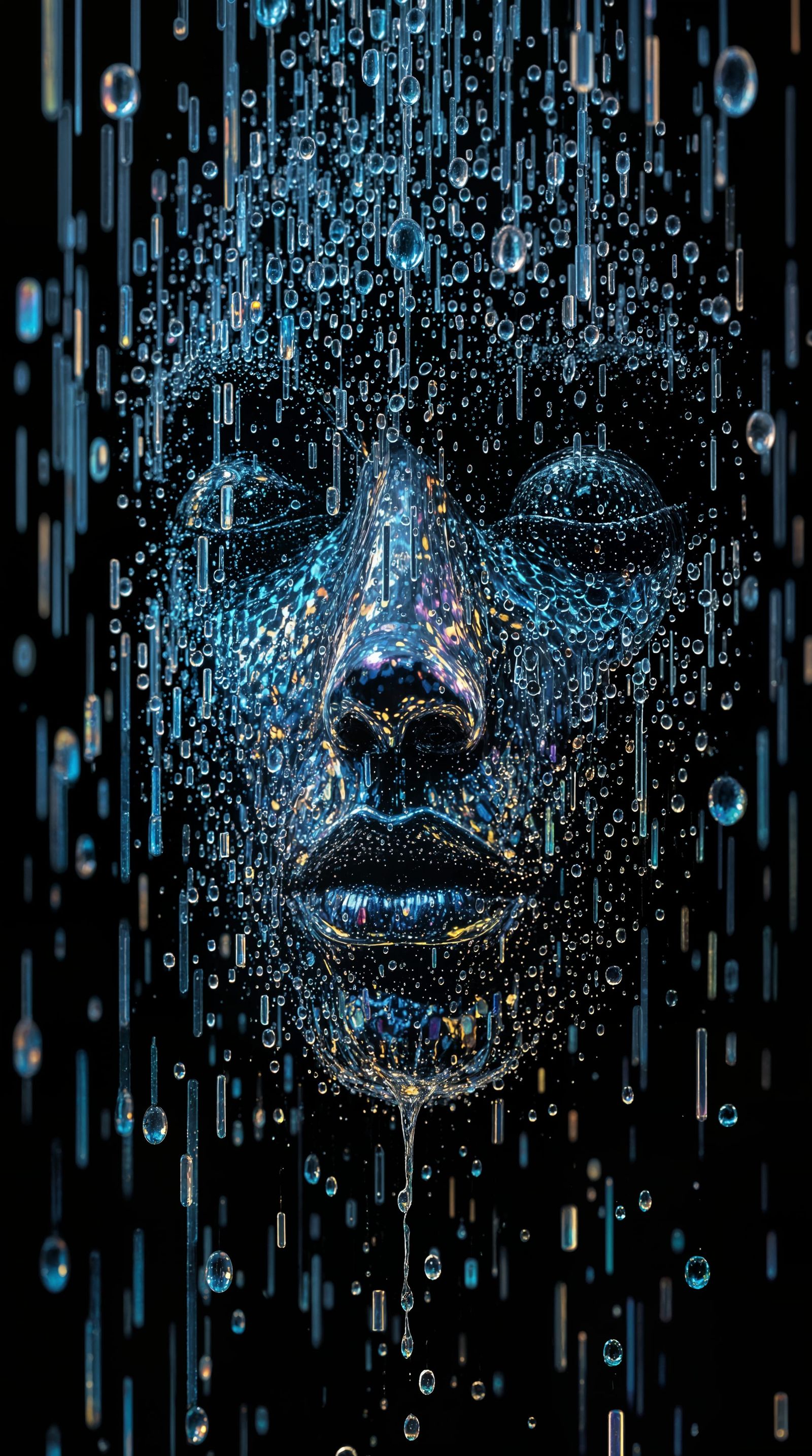 Iridescent Raindrop Face Against Black Background