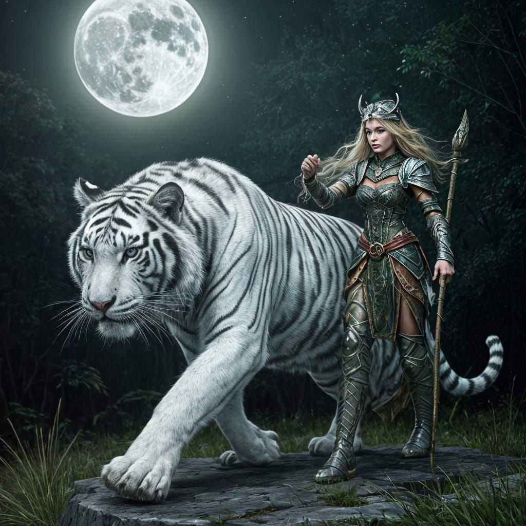 Mystical Tiger and Warrior Queen in Ancient Forest