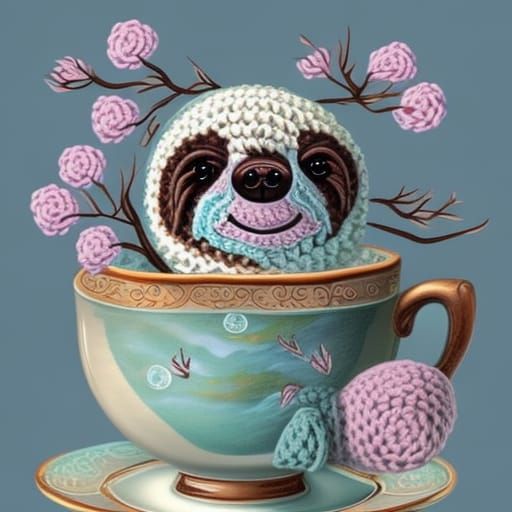 Adorable Crochet Sloth in Teacup, Whimsical Digital Art