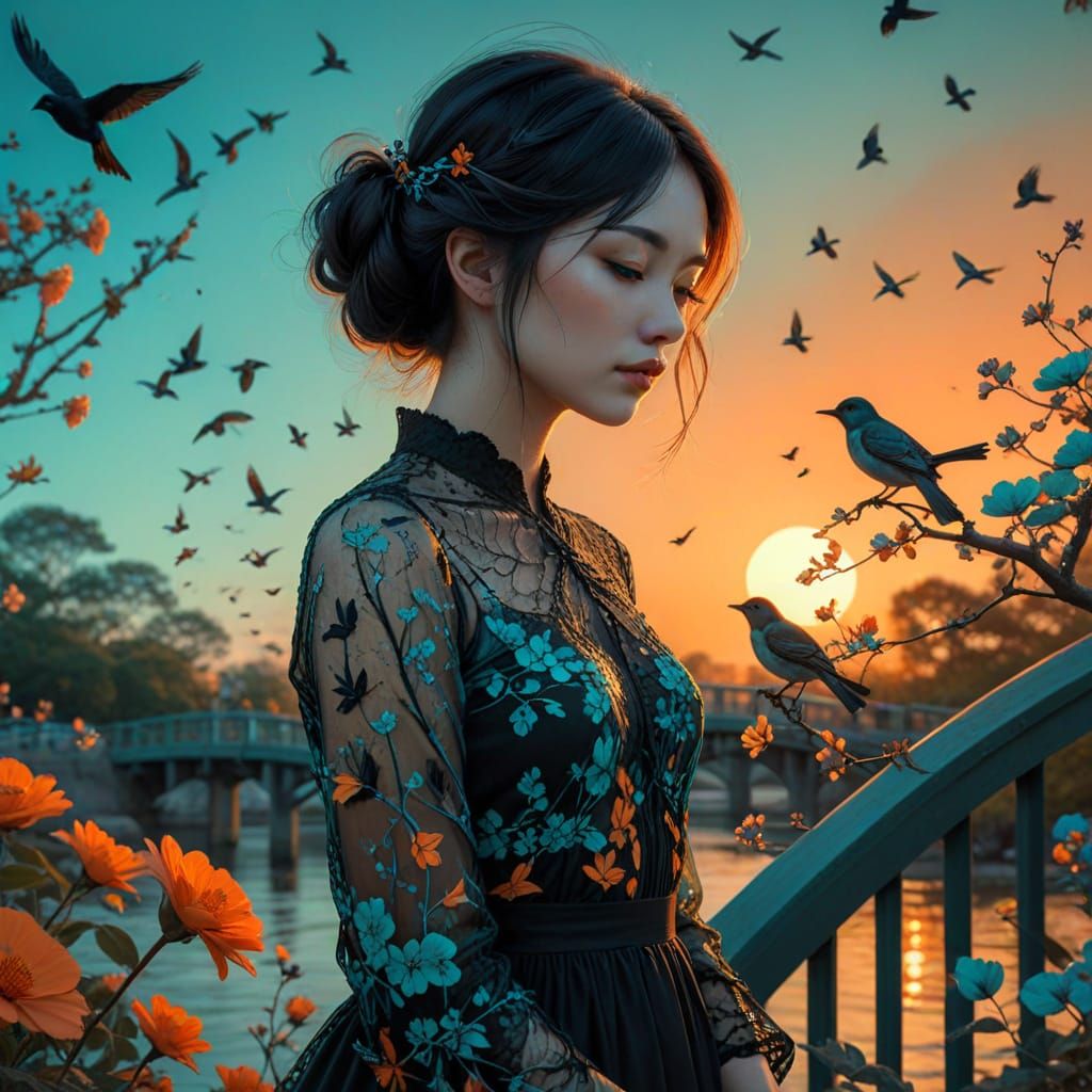 Woman Surrounded by Birds in Pop Surrealism Style