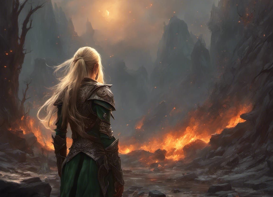 Crying Elf in Fiery Aftermath: Dark Fantasy Art