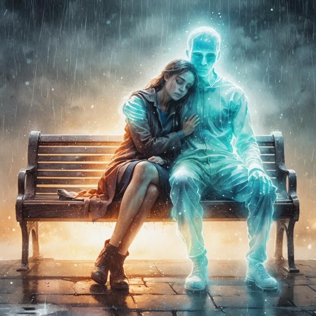 Rainy Bench Scene with Ghostly Figure in Watercolor