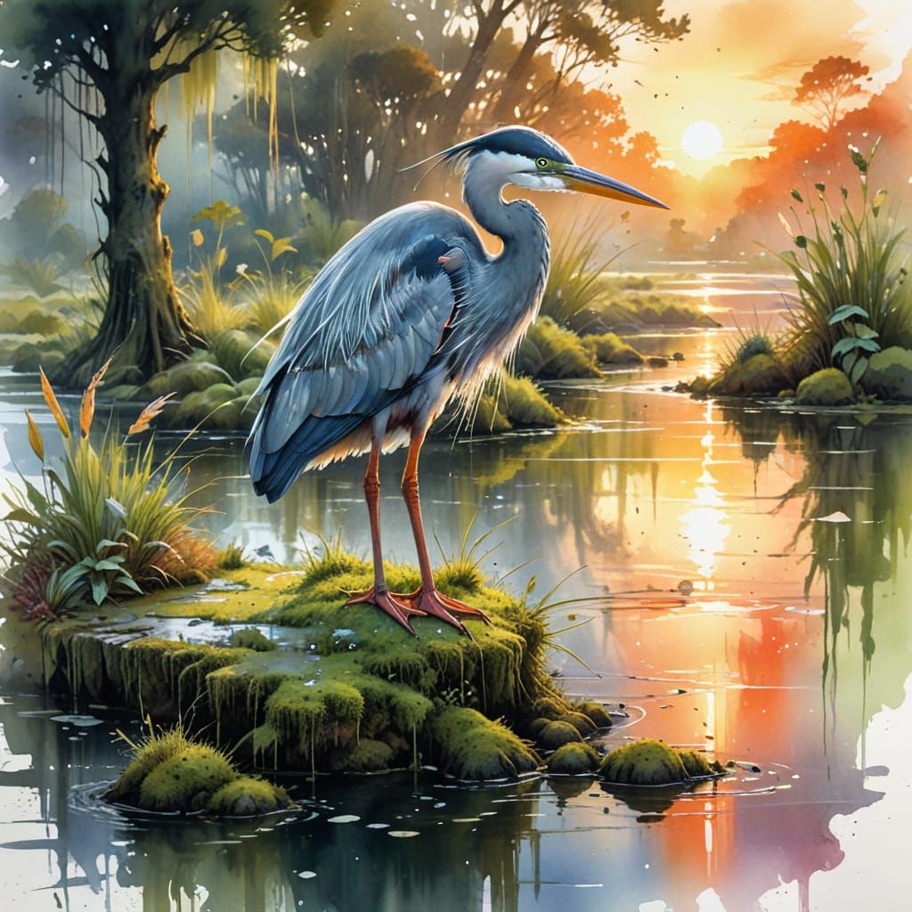 Dreamlike River Delta at Sunset with Heron
