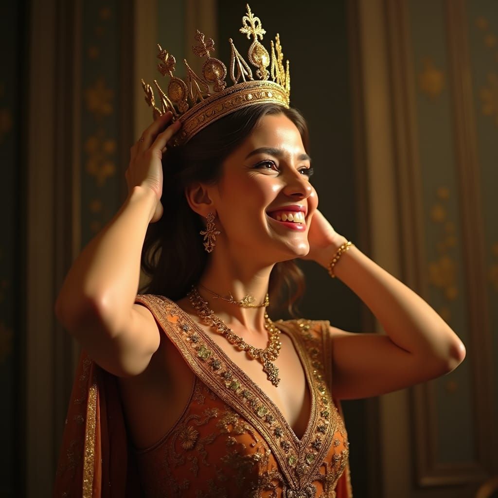 Regal Queen Adorns Crown with Radiant Smile