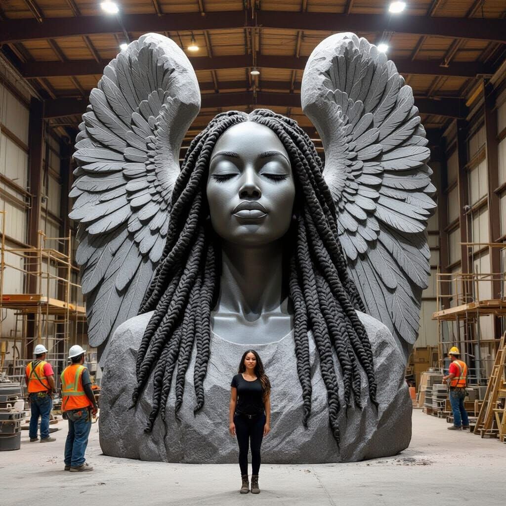 Monumental Stone Sculpture of Black Woman with Angel Wings
