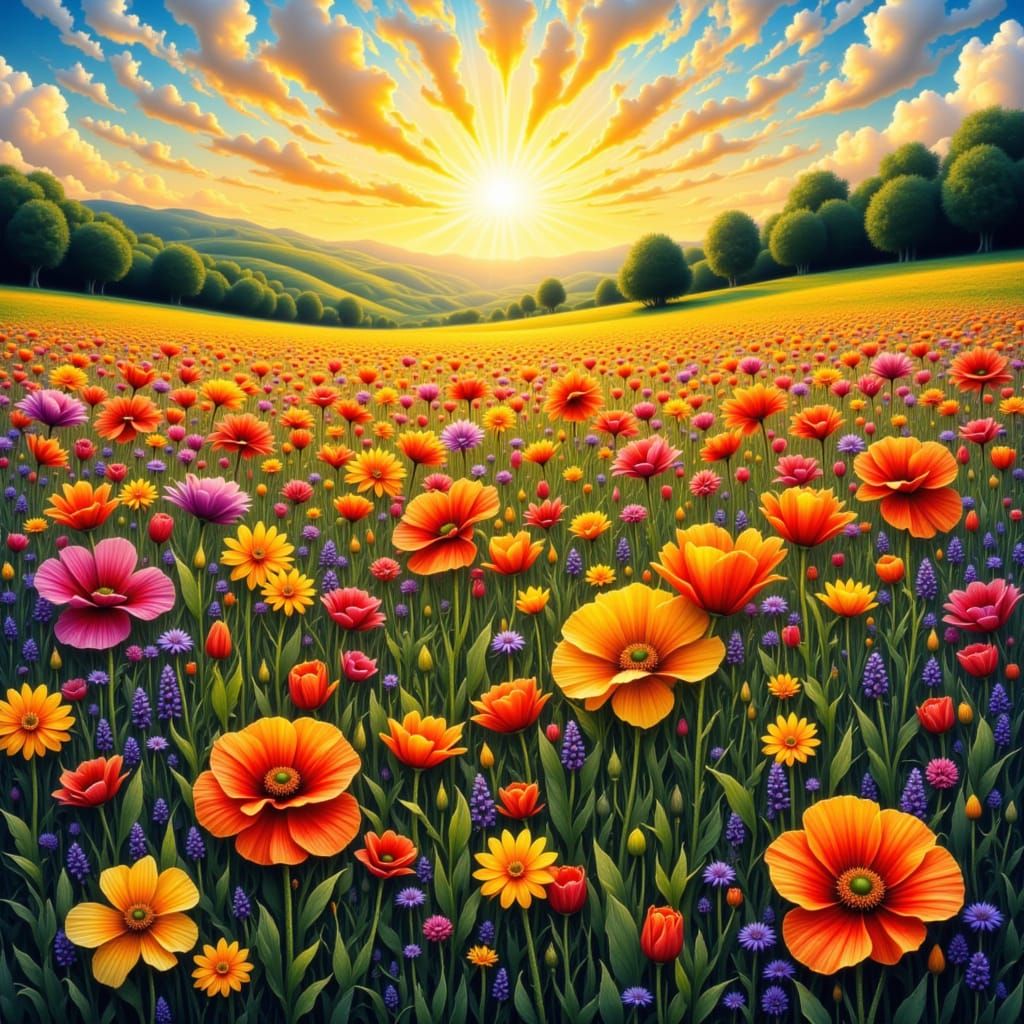 Vibrant Summer Flower Field in Golden Hour Light