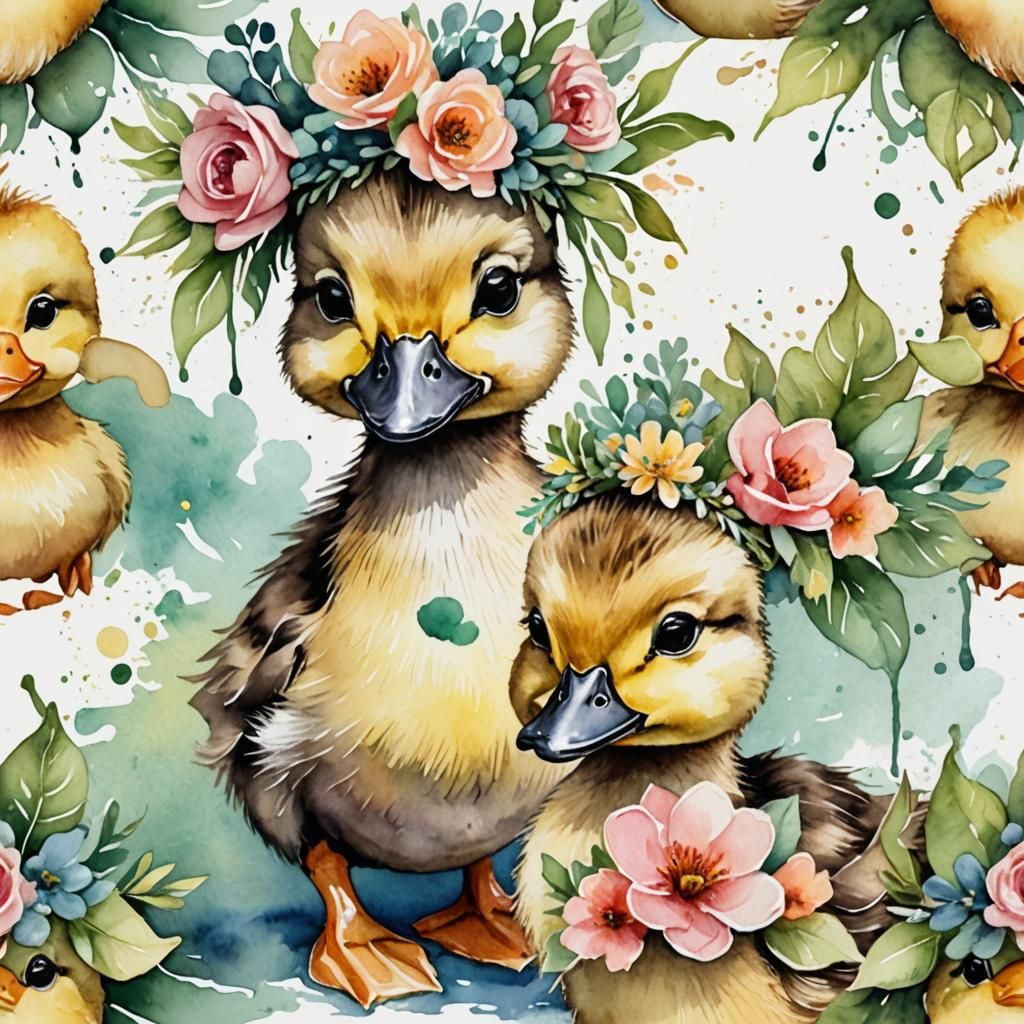 Watercolor Duckling with Flower Crown