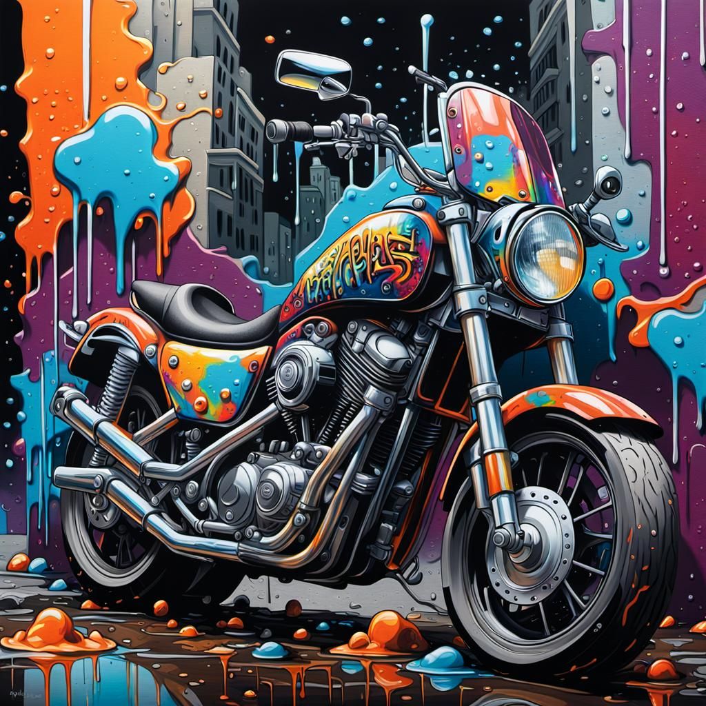 Motorcycle in Melting Graffiti Cityscape