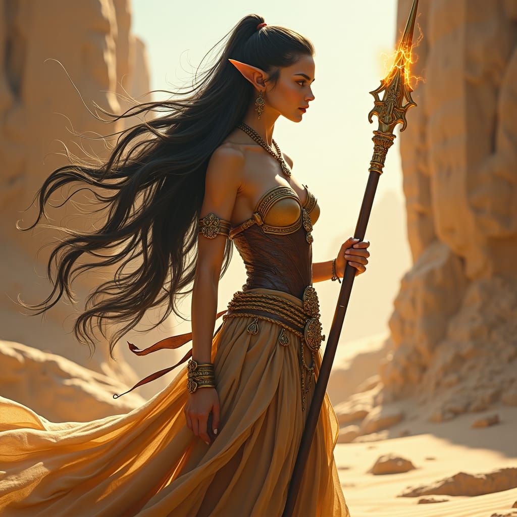 Elven Monk in Arid Desert Landscape
