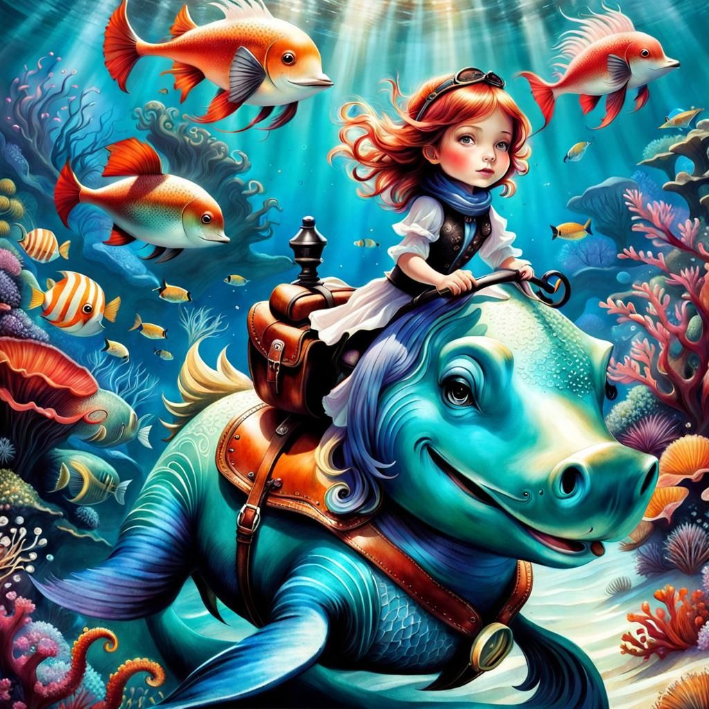 Whimsical Girl Rides Ocean Creature: Vibrant Illustration
