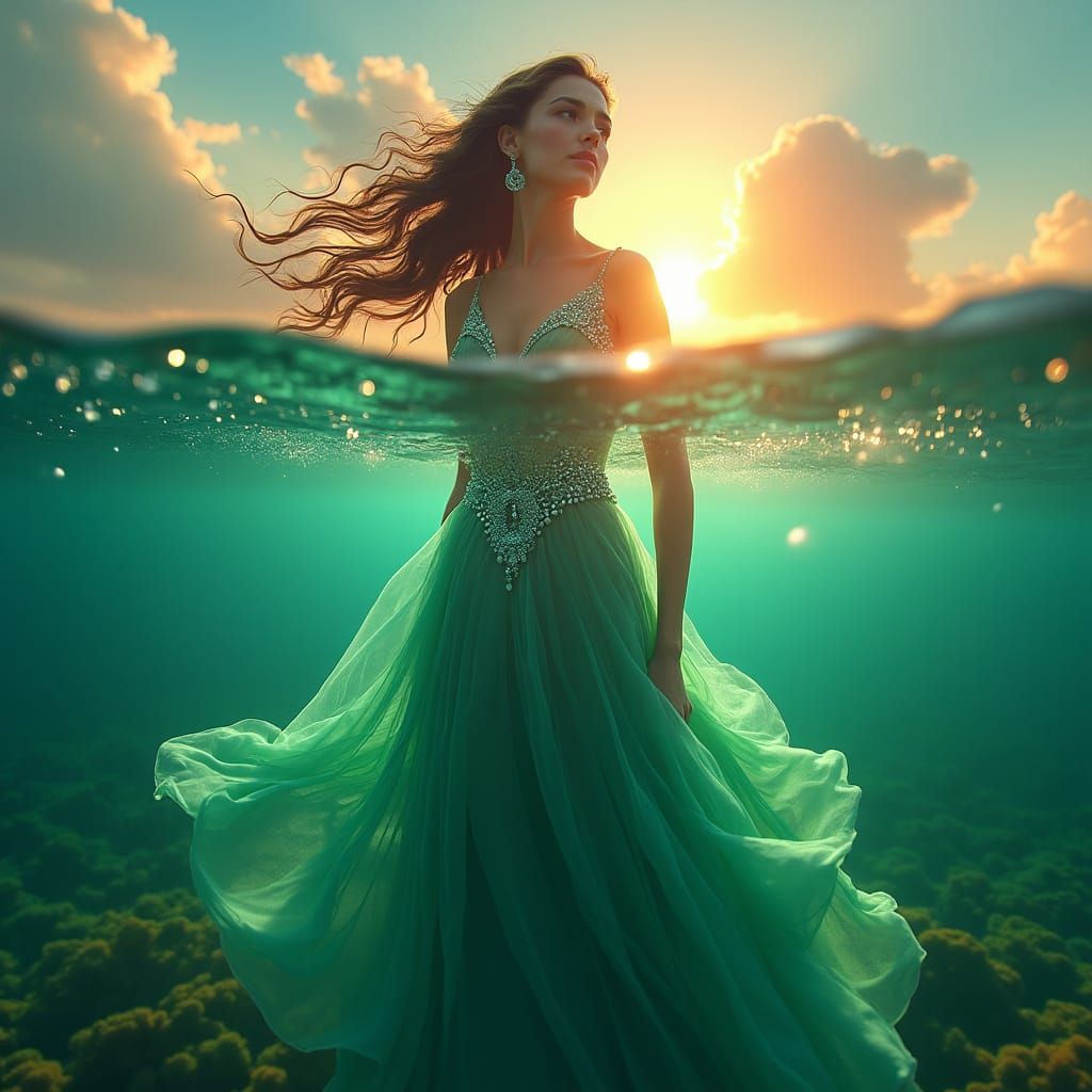 Enigmatic Woman Underwater in Emerald Gown