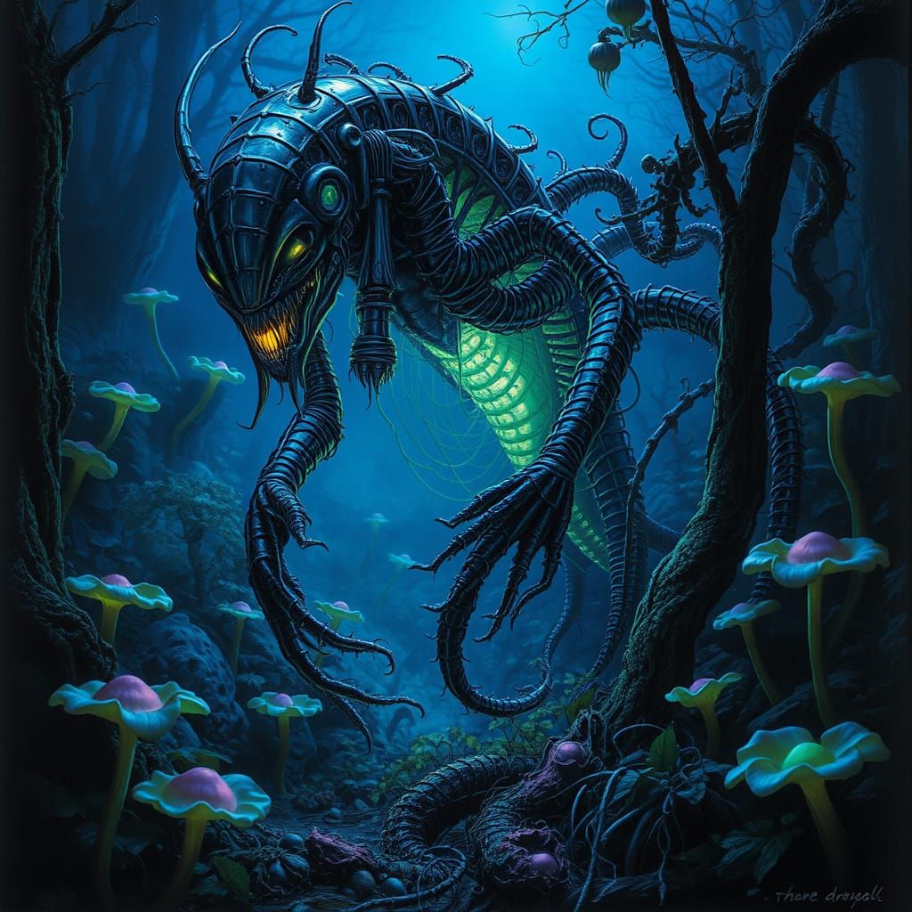 Bioluminescent Alien Emerges in Giger-esque Overgrown Garden