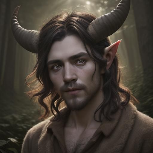 Attractive Satyr Portrait in Forest, Hyperrealistic Style