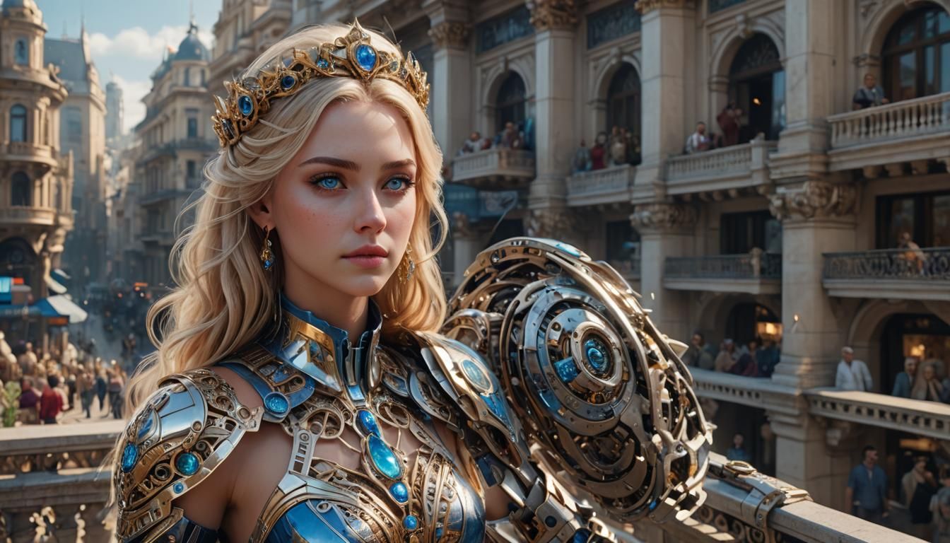 Futuristic Goddess Overlooking Her People in Sci-Fi Style