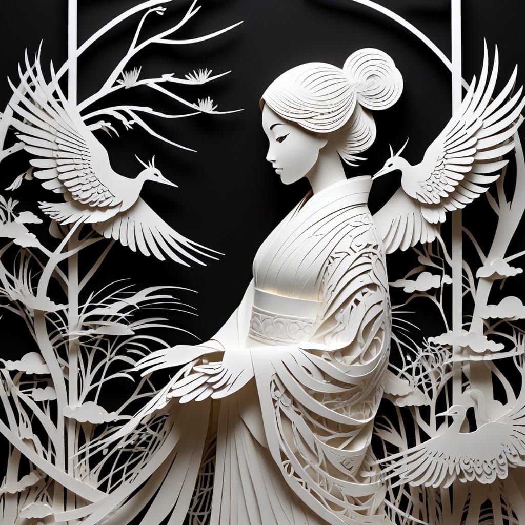 A Japanese Woman in White Kimono with Crane and Feathers, in...