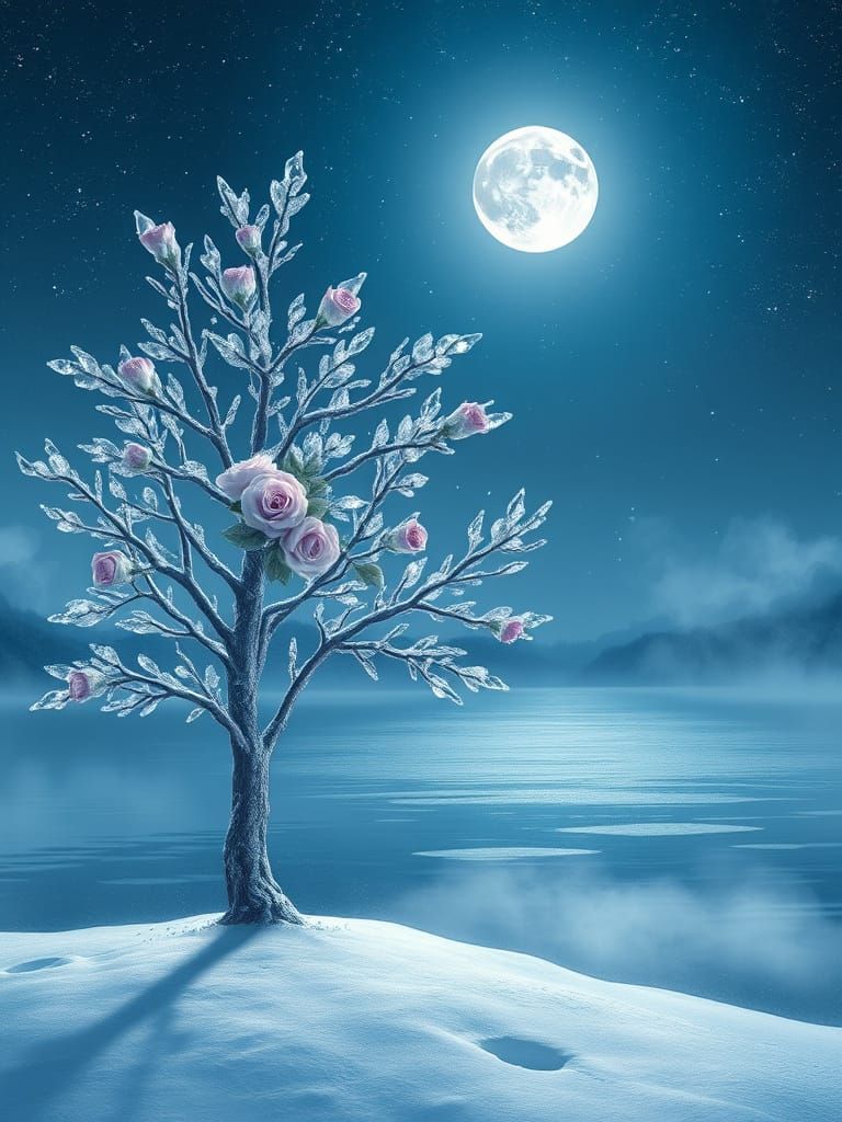 Crystalline Winter Tree with Moonlit Frozen Lake