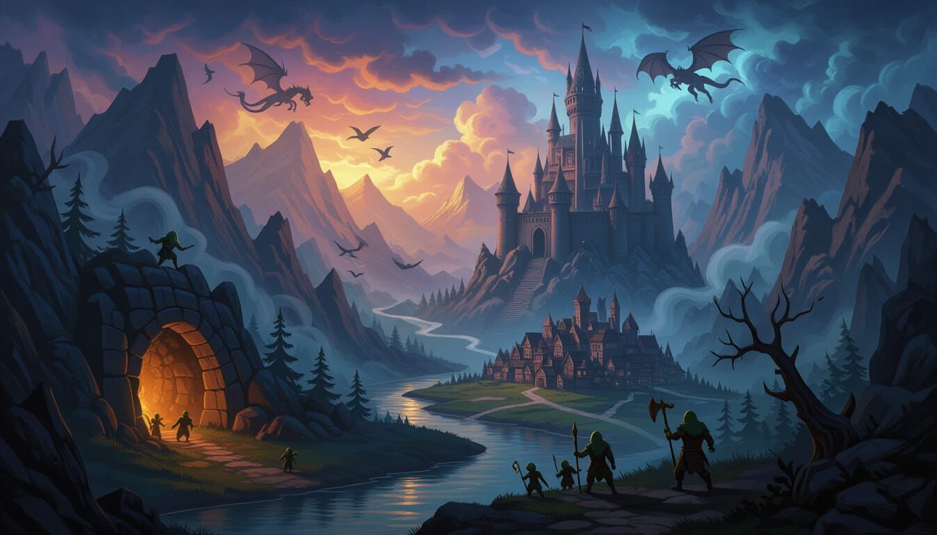Epic Fantasy Landscape with Goblins, Heroes, and Dragons