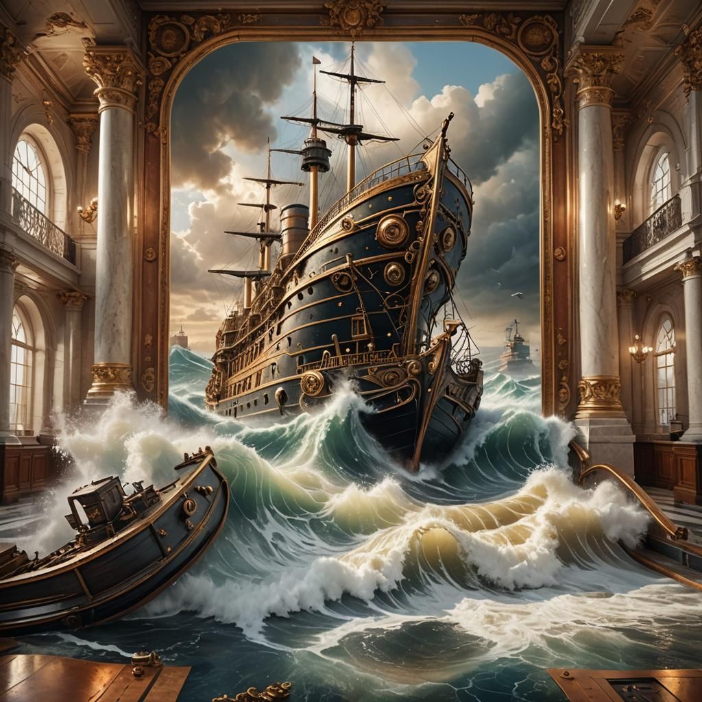 Steampunk Ship Bursts from Museum Painting