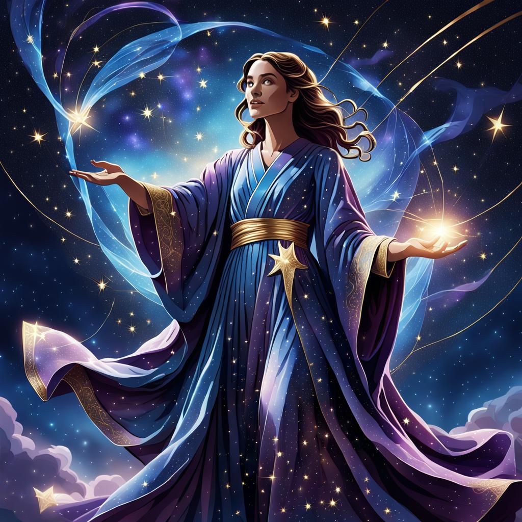 The Starbound Seer Tarot Card: A figure draped in starry rob...