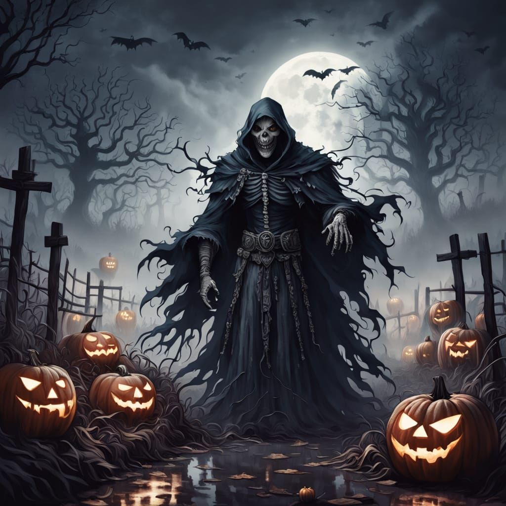 Ghostly Scarecrows Haunt Foggy Corn Maze Under Full Moon