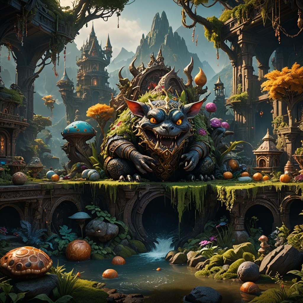 Pregnant Chog Hungy in Detailed Fantasy Landscape