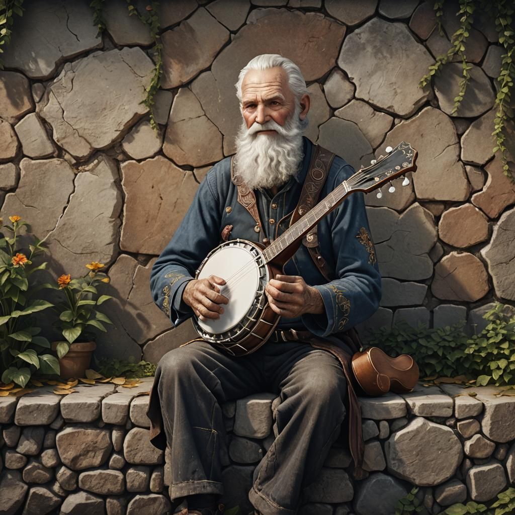 Old Man with Banjo: Detailed Fantasy Art