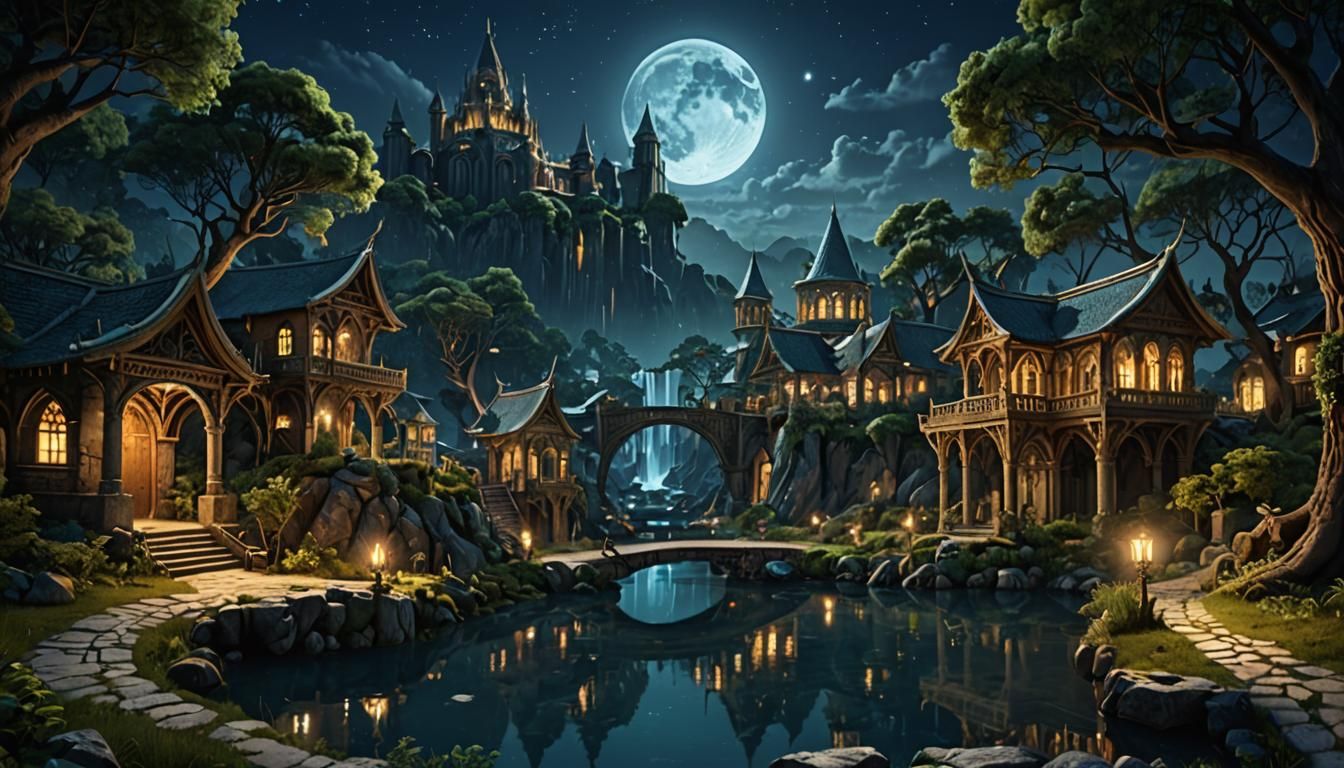 Ethereal Elven Metropolis Unfolds Under Starry Moonlight