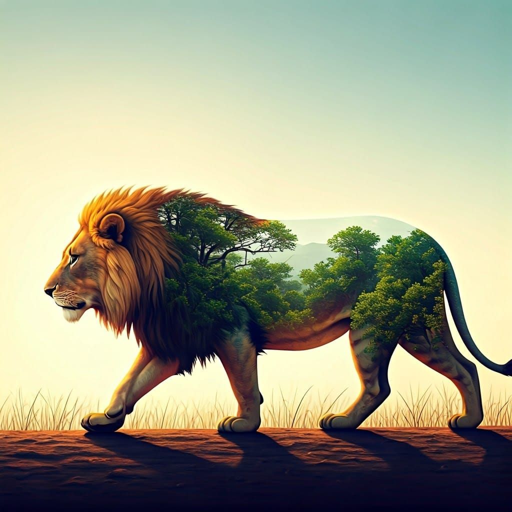 Lion Silhouette Walking Through Savannah Double Exposure