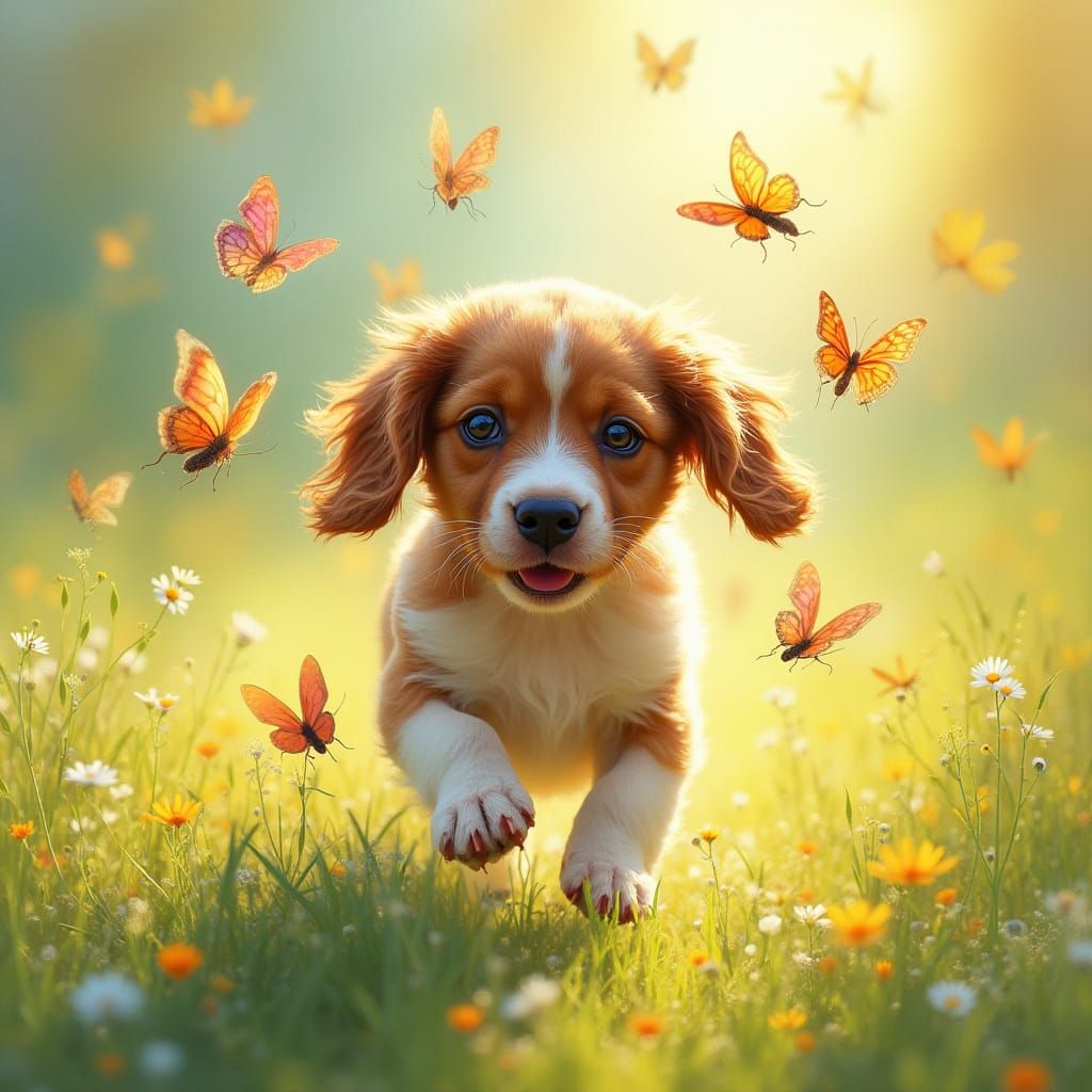 Tabby Spaniel Puppy in Impressionistic Meadow