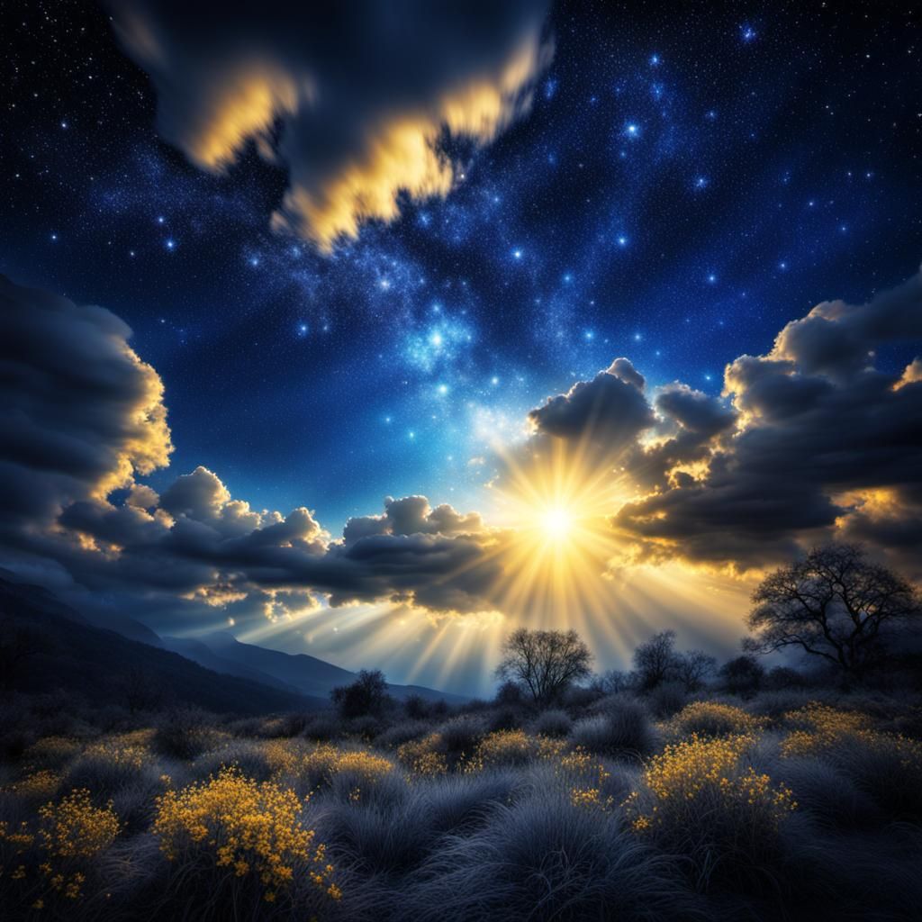 Indigo Sky: Golden Stars in Hyperrealistic Detail