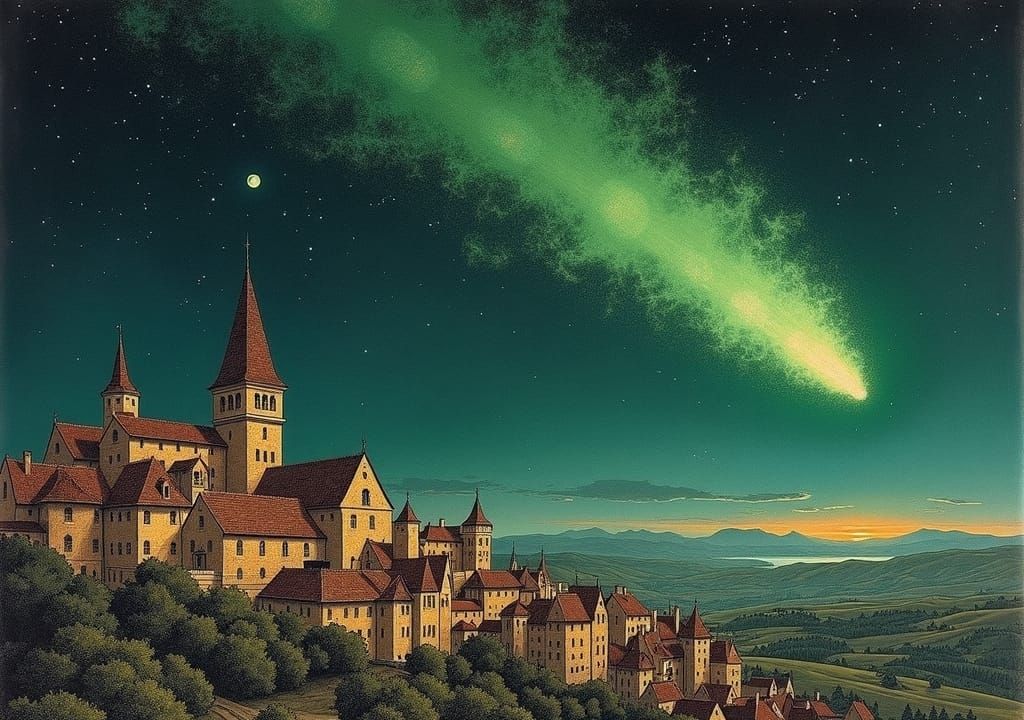 Green Comet Over Medieval City in Renaissance Style