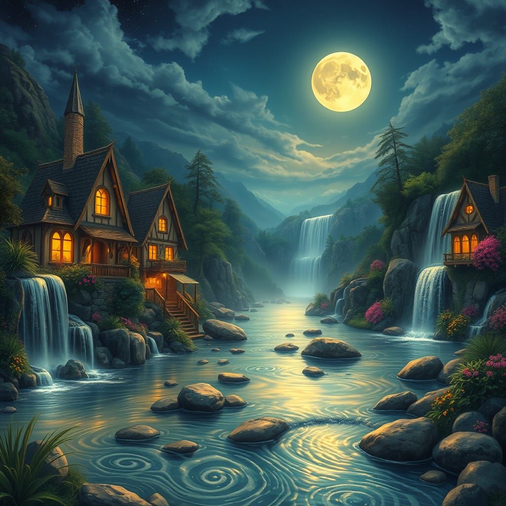 Moonlit Fantasy Village Under a Radiant Full Moon