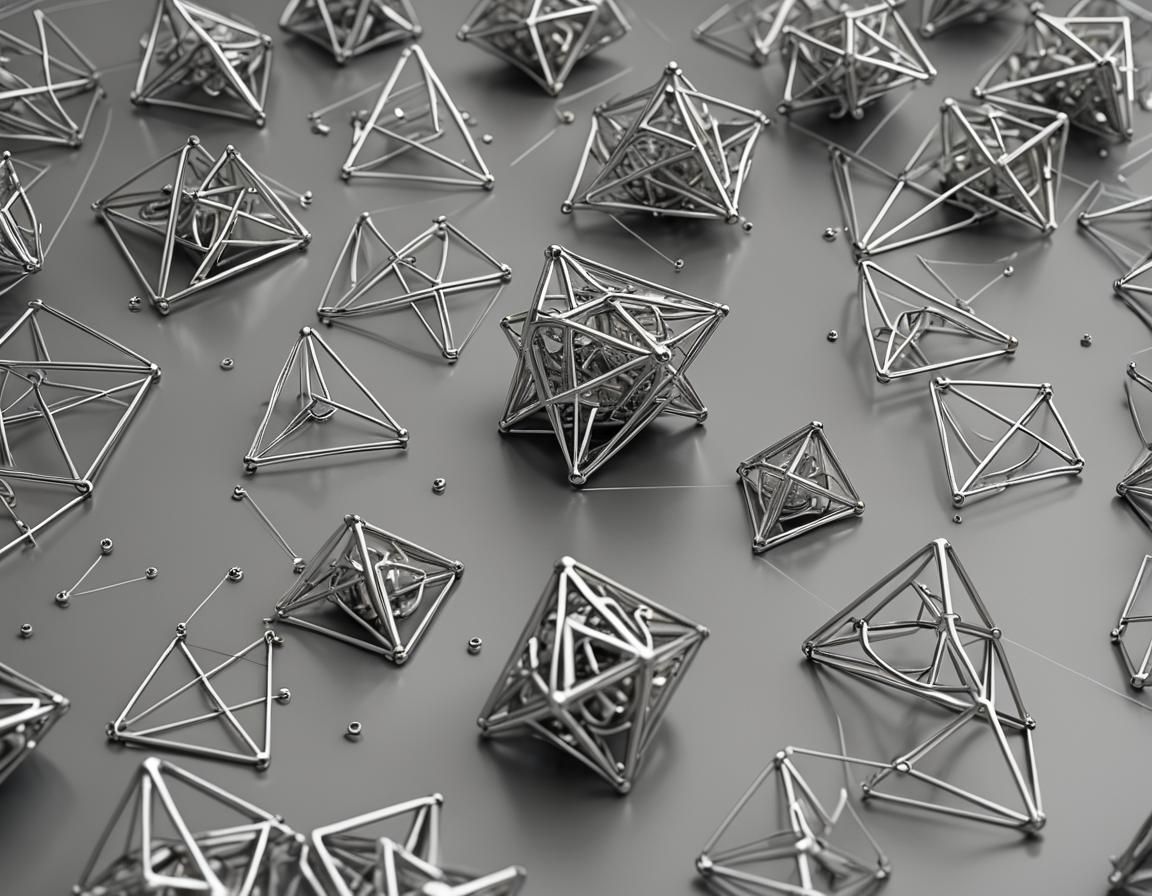 Silver Metallic Tetrahedrons with Circuits: Futuristic Digit...
