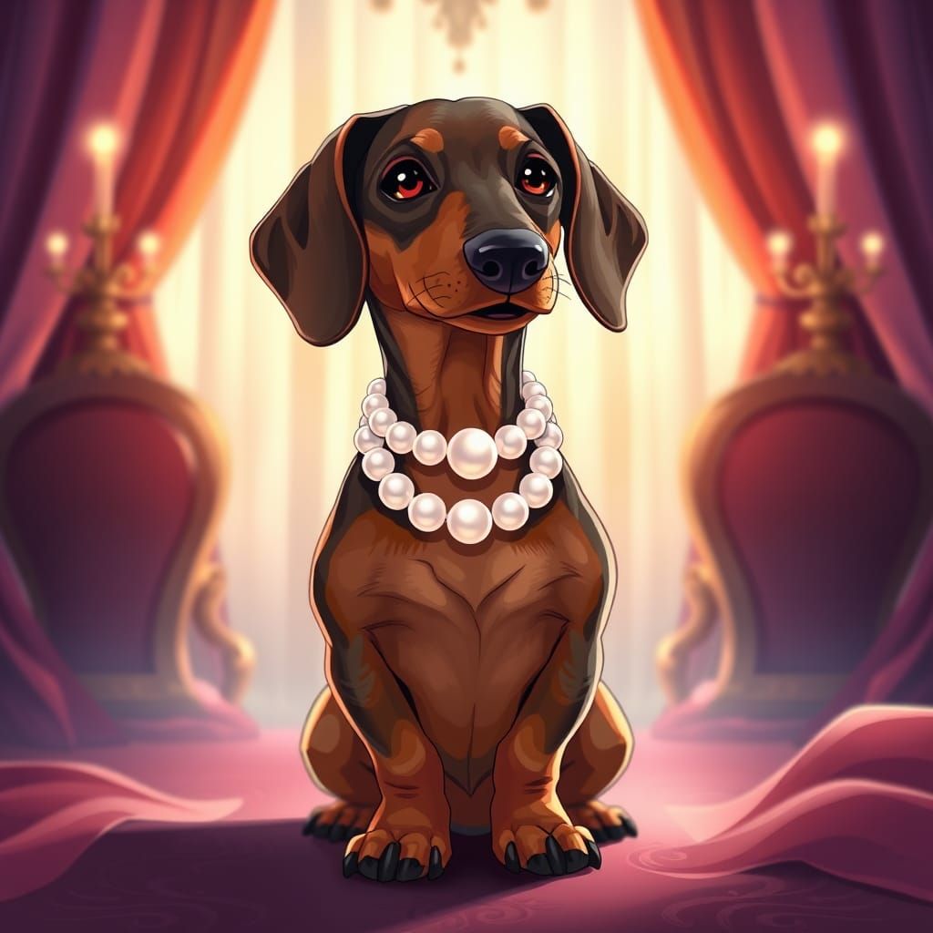 A dachshund wearing a pearl necklace