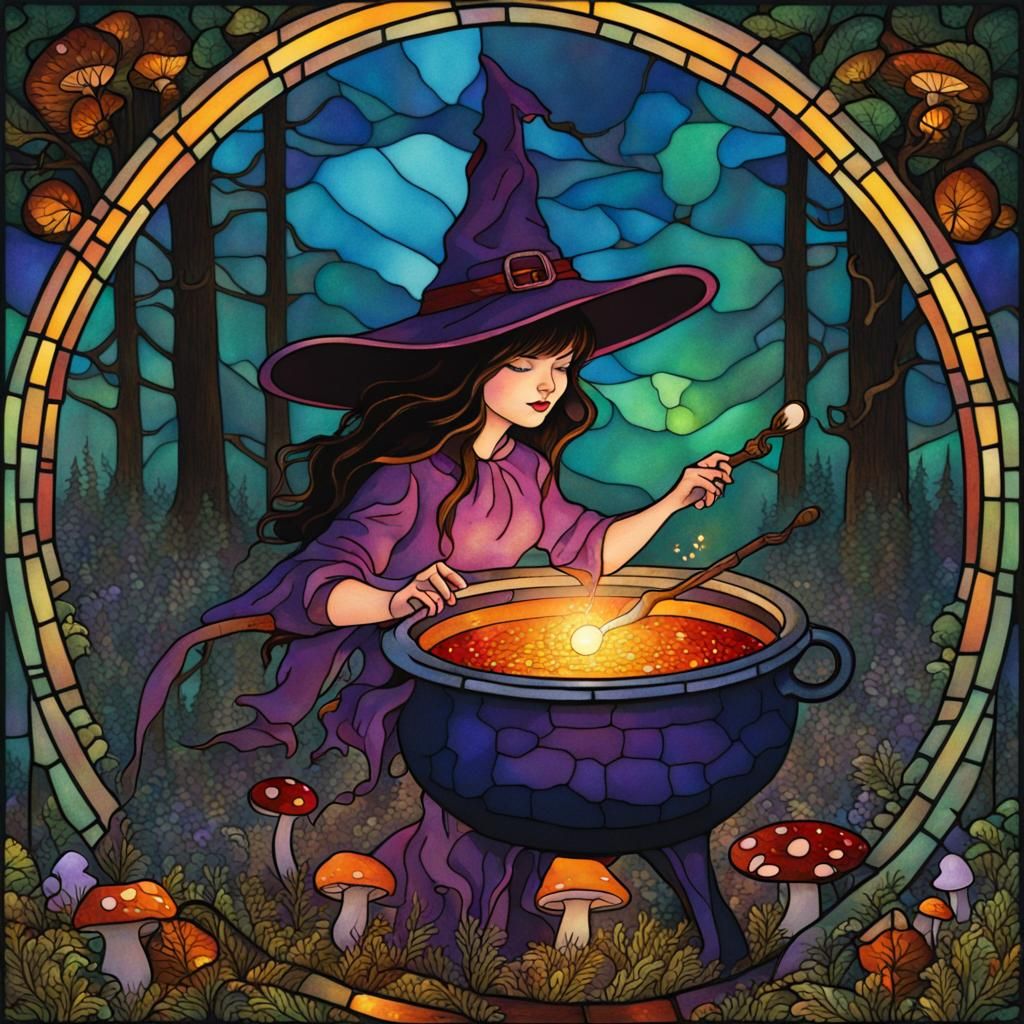 Mystical Witch Stirring Cauldron in Forest