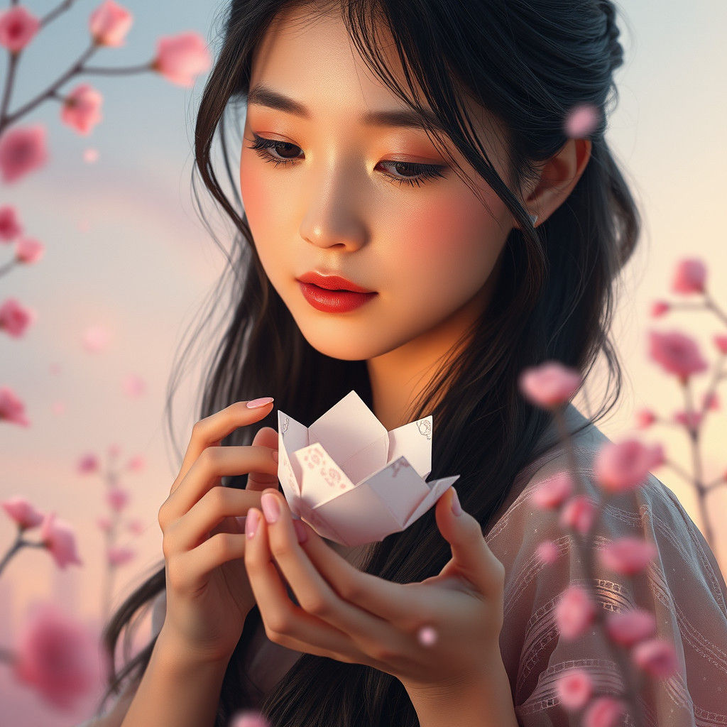 Ethereal Woman with Origami in Twilight Haze