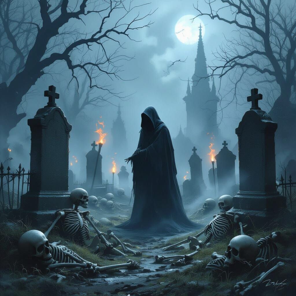 Mysterious Hooded Figure in Misty Midnight Graveyard