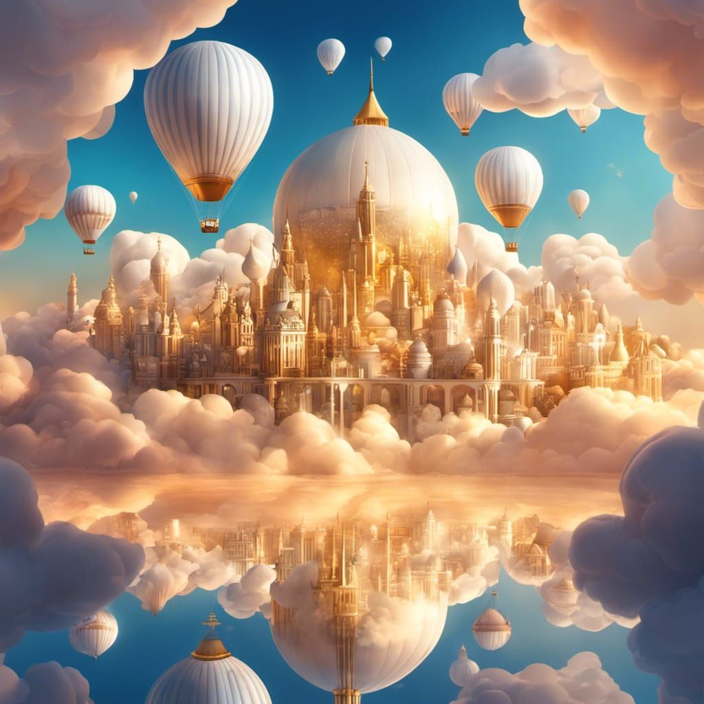 Epic Cloud City with Golden Halo and Balloons
