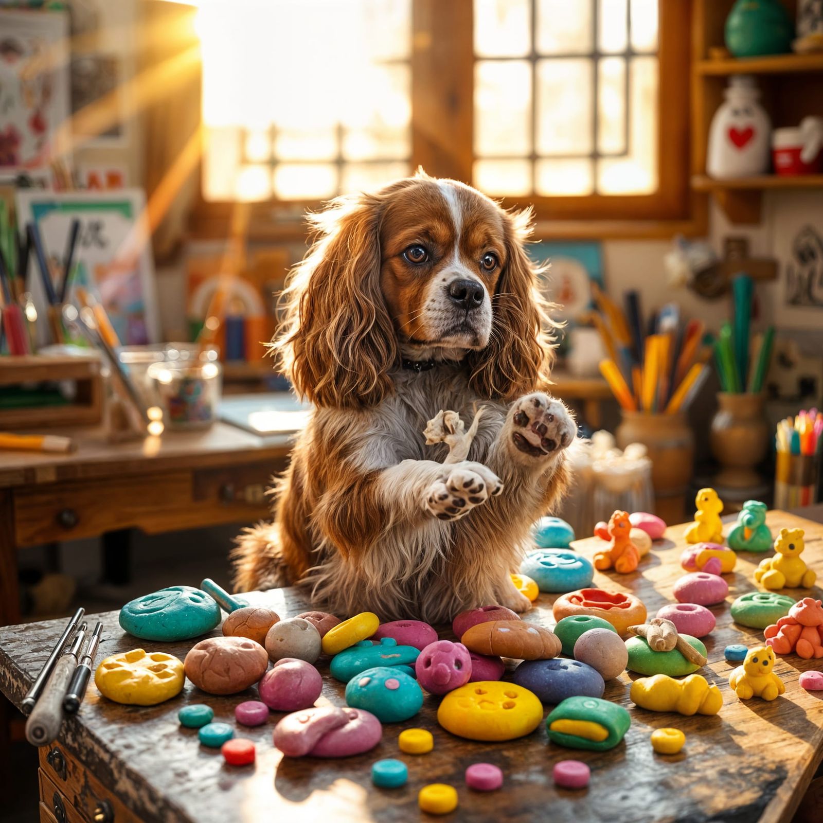 Spaniel Creates Playdough Sculpture in Golden Sunlight